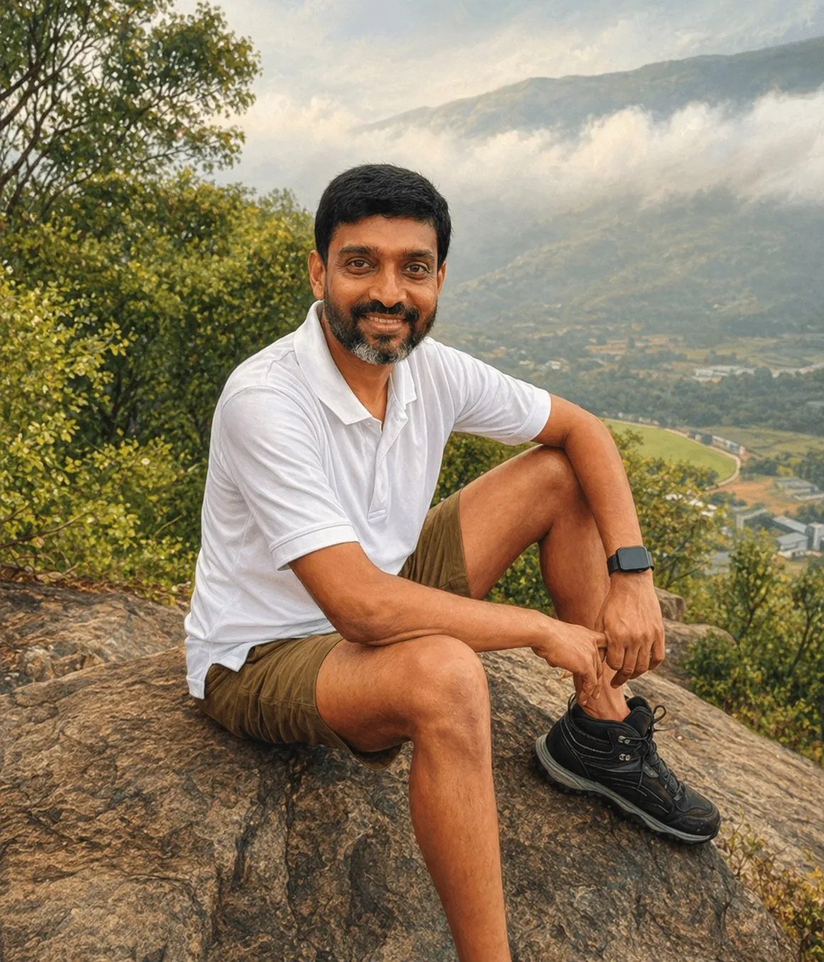 Aravindh, founder and teacher of Aram Yoga, seated on a rock on a hilltop near Salem at dusk