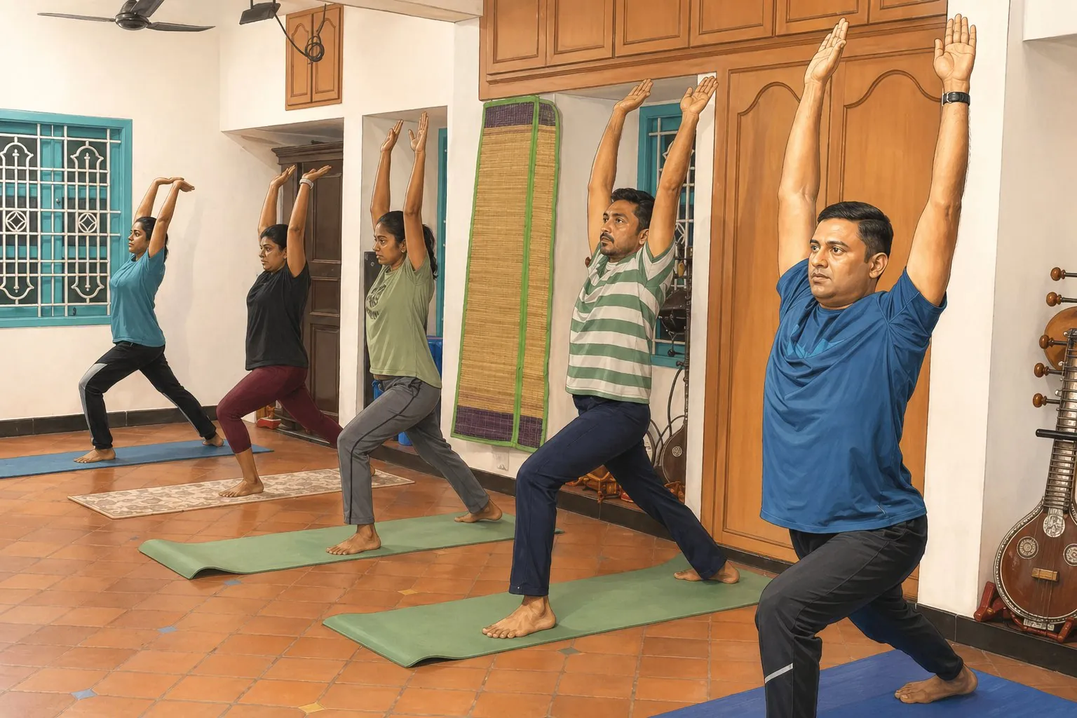 Aram Yoga group practice — synchronised standing pose with arms raised