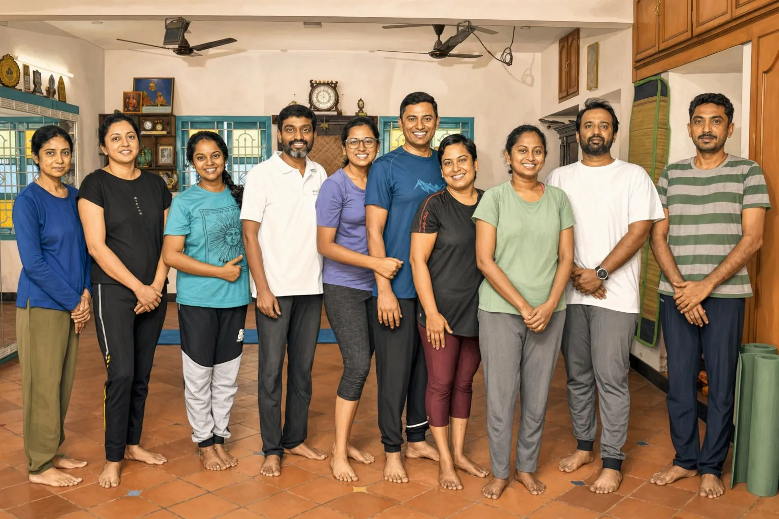 Aram Yoga sangha — group session led by Aravindh with team members practising together